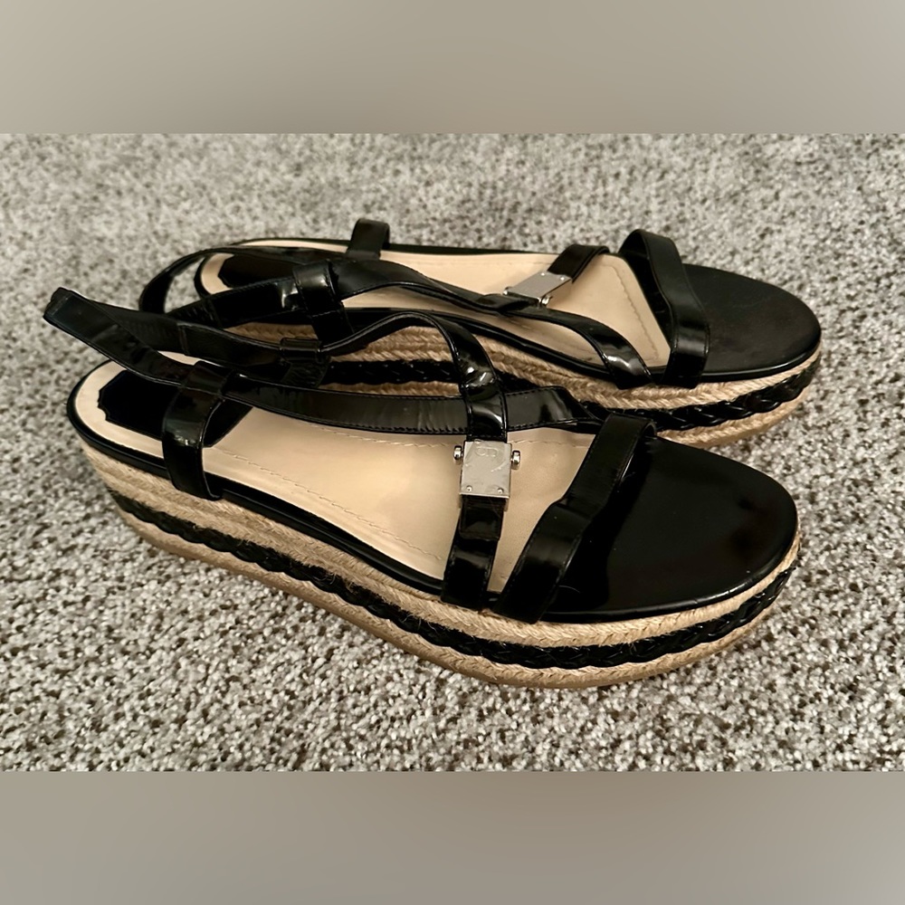CHRISTIAN DIOR Size 40 9.5 Black Patent Leather Wedge Espadrille Low Sandals